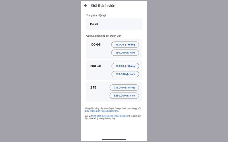 nâng cấp bộ nhớ Google One 